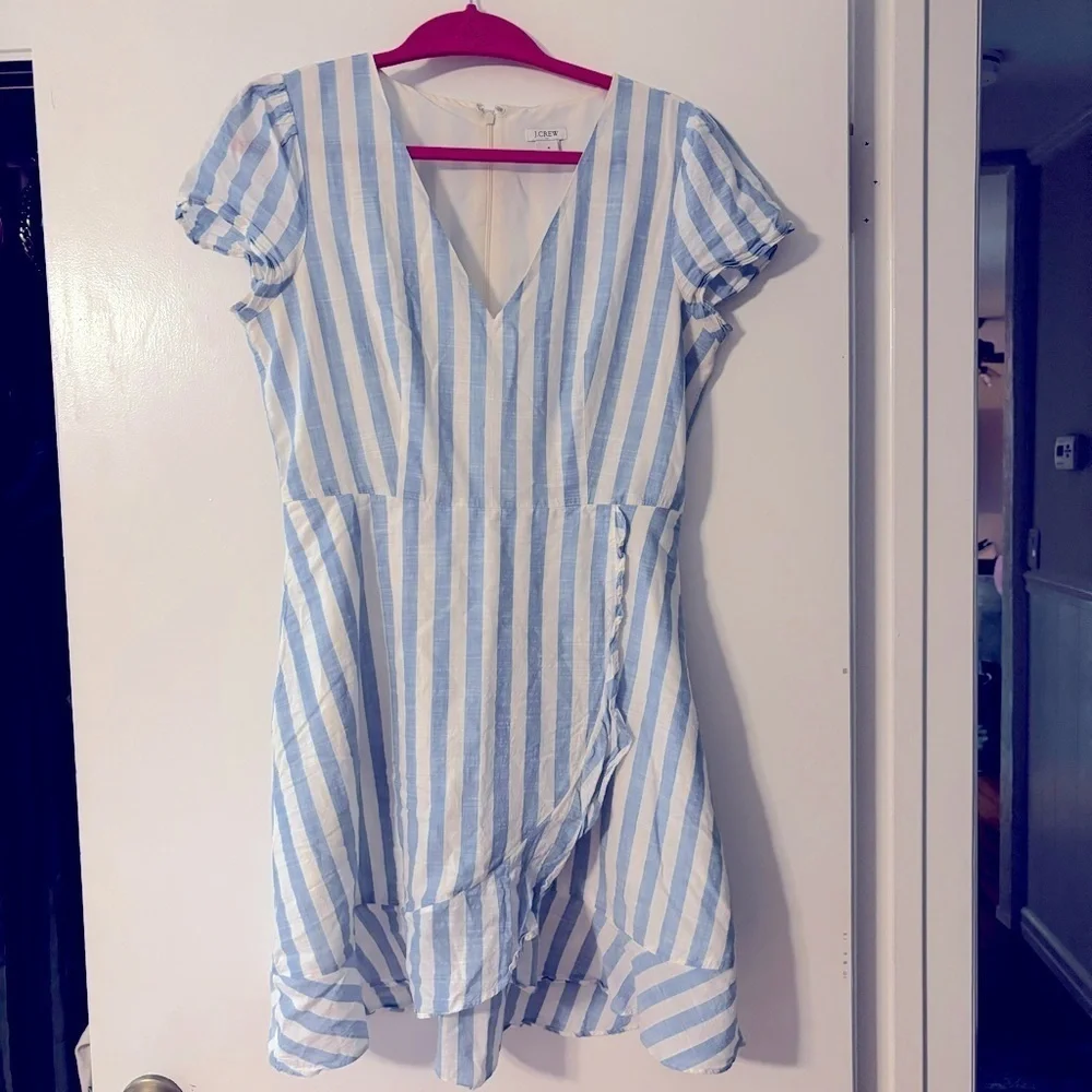 J. Crew Blue White Striped Ruffle Wrap Dress Size 6 Short Sleeve V Neck